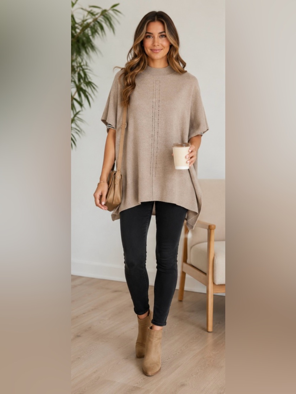 Anne Klein Petite Light Beige (Tan) Poncho Sweater